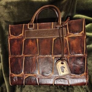 Dooney & Bourke Janine Crocodile Embossed Leather Satchel Handbag Purse Brown